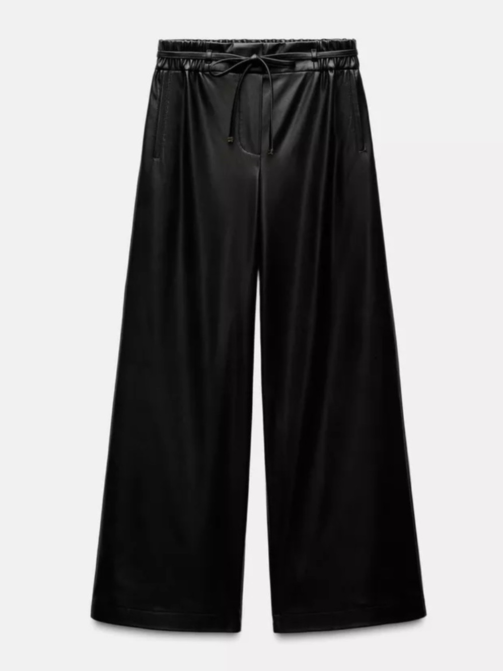 Zara Black Wide-Leg Faux Leather Pants with drawstring